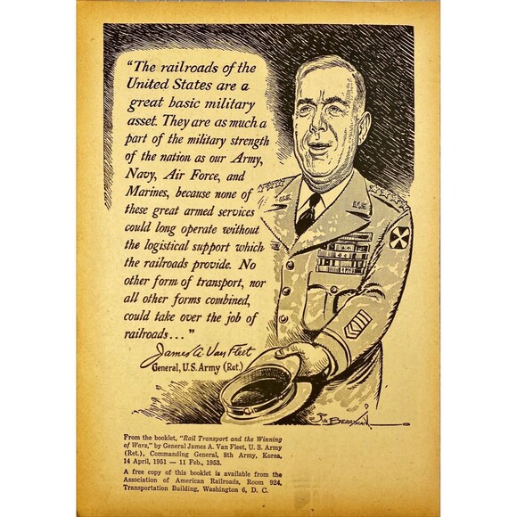 Railroad Magazine Pen & Ink Drawing Army General VanFleet & Import Railroads '56 - Picture 1 of 3